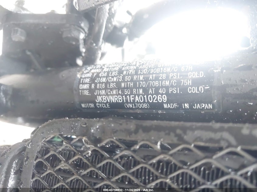 2015 Kawasaki Vn1700 B VIN: JKBVNRB11FA010269 Lot: 43756933