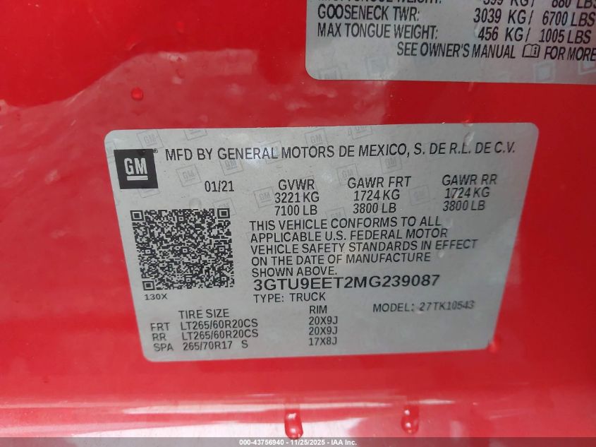 2021 GMC Sierra 1500 4Wd Short Box At4 VIN: 3GTU9EET2MG239087 Lot: 43756940