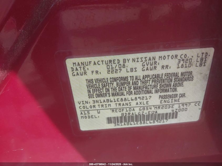 2008 Nissan Sentra 2.0Sl VIN: 3N1AB61E88L689217 Lot: 43756942