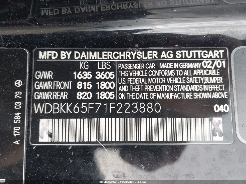 2001 Mercedes-Benz Slk 320 VIN: WDBKK65F71F223880 Lot: 43756946