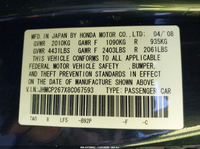 2008 Honda Accord 2.4 Ex VIN: JHMCP267X8C067593 Lot: 43756952