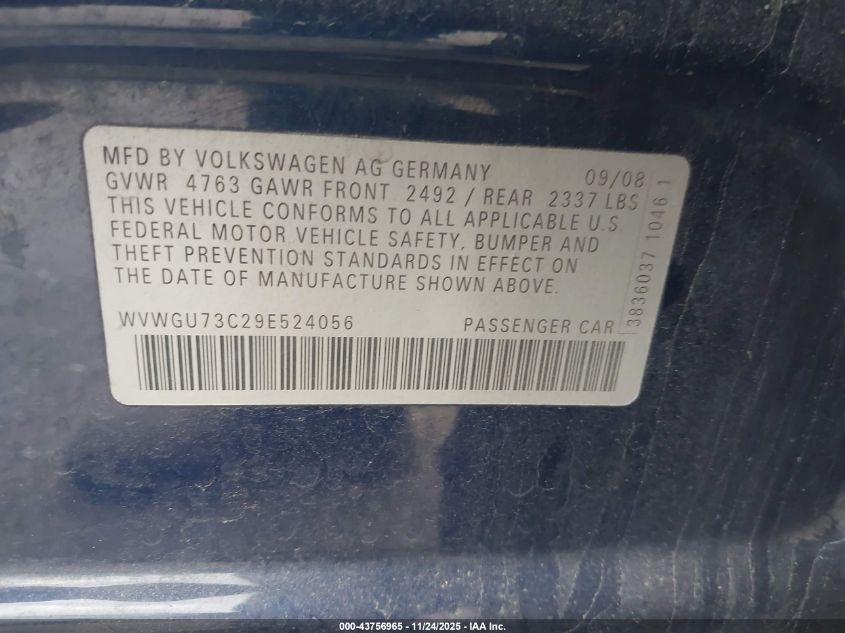 2009 Volkswagen Cc Vr6 VIN: WVWGU73C29E524056 Lot: 43756965