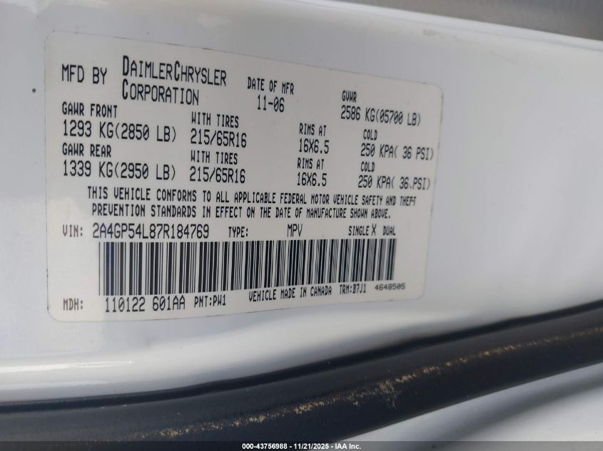 2007 Chrysler Town & Country Touring VIN: 2A4GP54L87R184769 Lot: 43756988