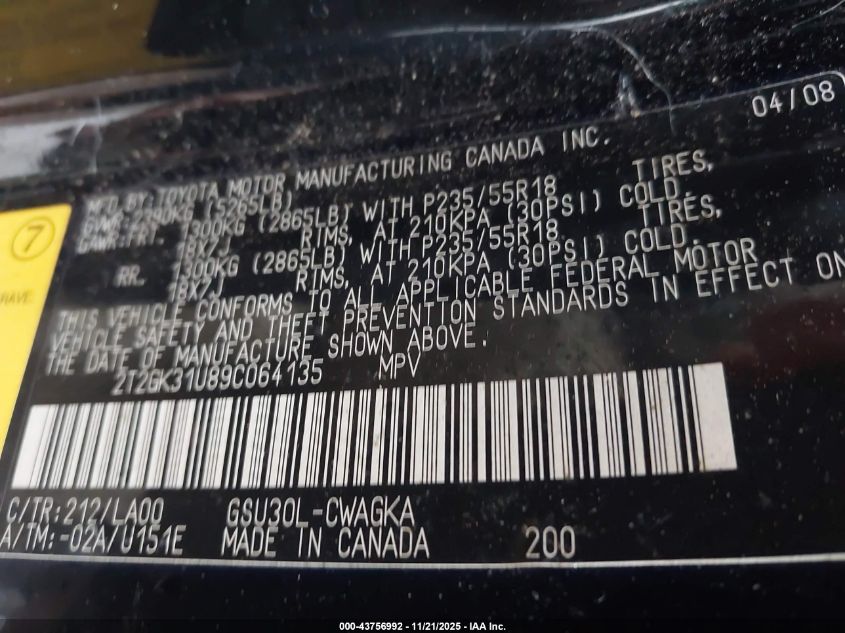 2009 Lexus Rx 350 VIN: 2T2GK31U89C064135 Lot: 43756992