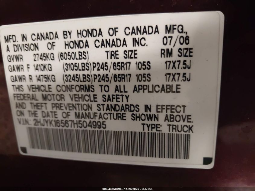 2007 Honda Ridgeline Rtl VIN: 2HJYK16567H504995 Lot: 43756996