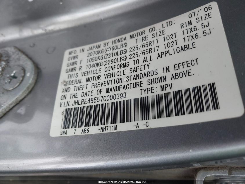 2007 Honda Cr-V Ex VIN: JHLRE48557C000393 Lot: 43757002