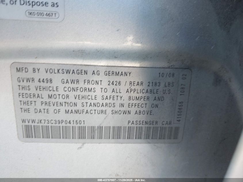 2009 Volkswagen Passat Komfort VIN: WVWJK73C39P041501 Lot: 43757007