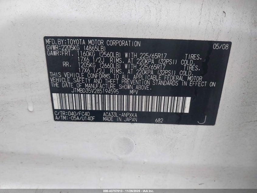 2008 Toyota Rav4 VIN: JTMBD35V285194595 Lot: 43757013