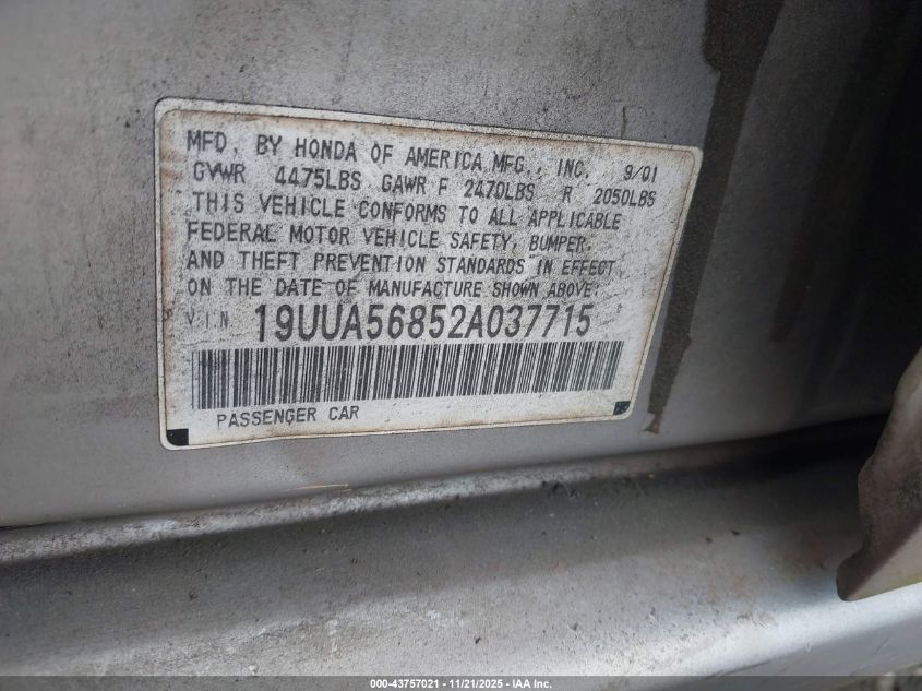 2002 Acura Tl 3.2 Type S VIN: 19UUA56852A037715 Lot: 43757021