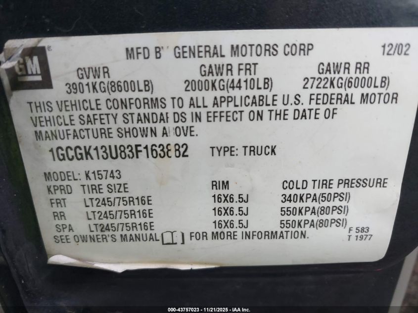 2003 Chevrolet Silverado 1500Hd Lt VIN: 1GCGK13U83F163882 Lot: 43757023