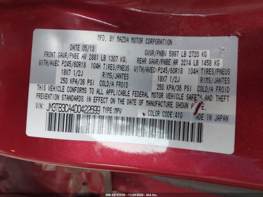 2013 Mazda Cx-9 Touring VIN: JM3TB3CA4D0422699 Lot: 43757030