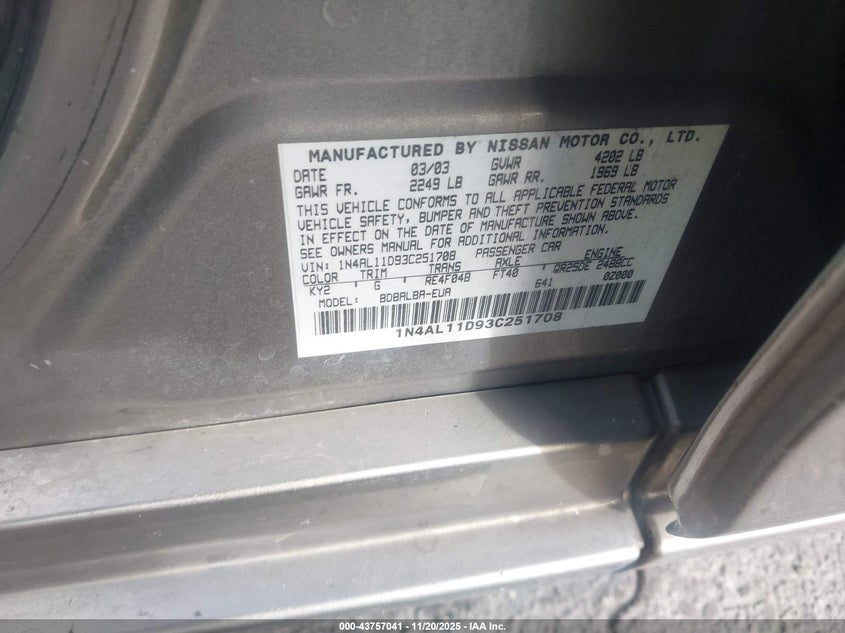 2003 Nissan Altima 2.5 S VIN: 1N4AL11D93C251708 Lot: 43757041