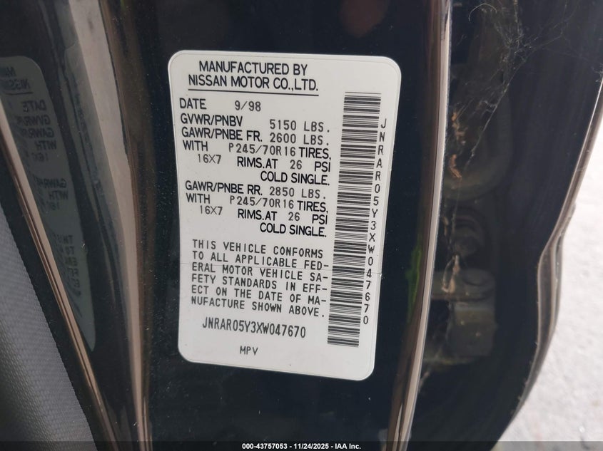 1999 Infiniti Qx4 Luxury VIN: JNRAR05Y3XW047670 Lot: 43757053