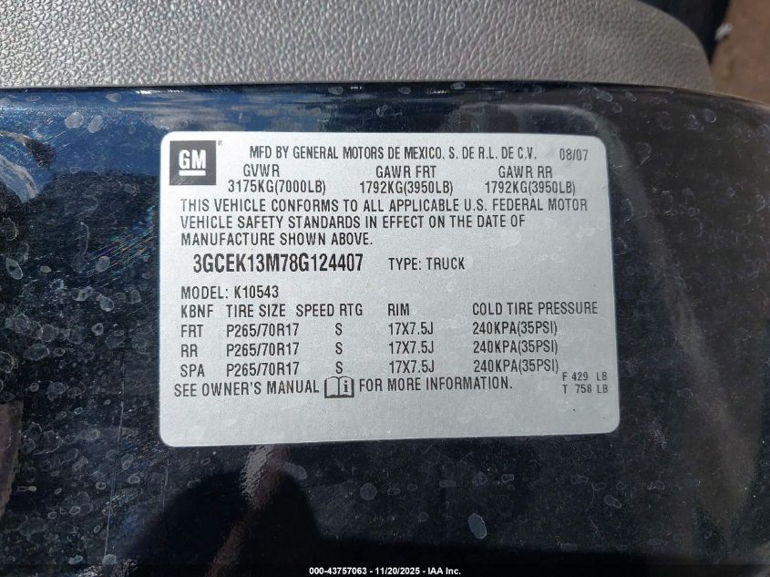 2008 Chevrolet Silverado 1500 Ltz VIN: 3GCEK13M78G124407 Lot: 43757063