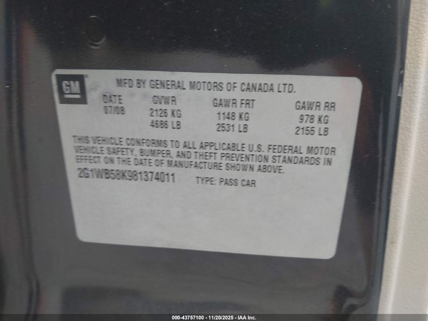 2008 Chevrolet Impala Ls VIN: 2G1WB58K981374011 Lot: 43757100