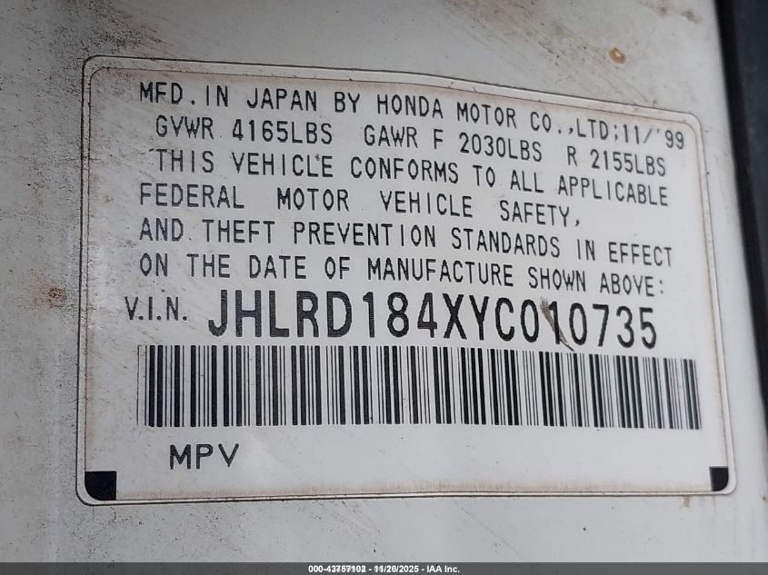 2000 Honda Cr-V Lx VIN: JHLRD184XYC010735 Lot: 43757102