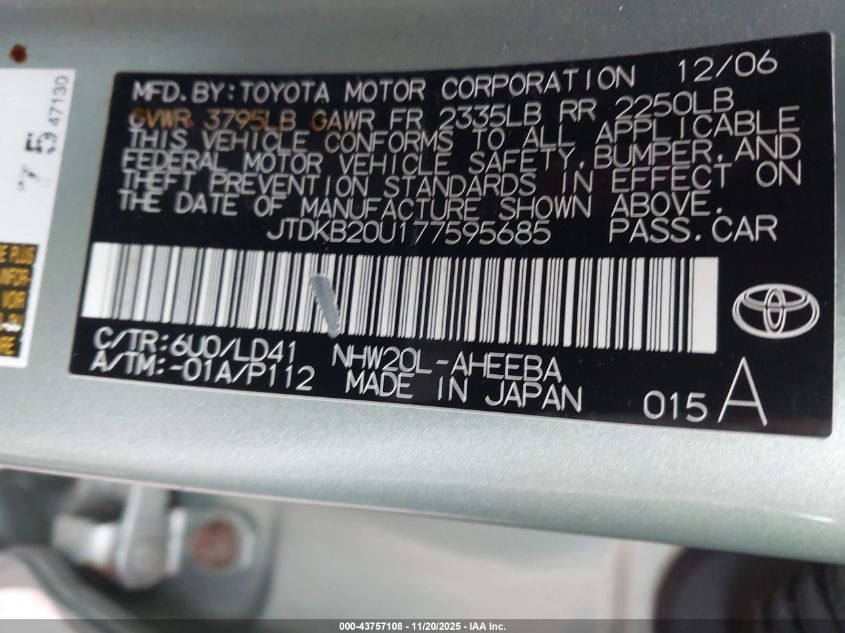 2007 Toyota Prius VIN: JTDKB20U177595685 Lot: 43757108