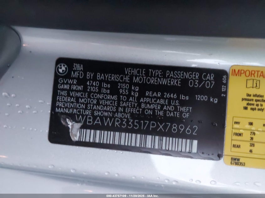 2007 BMW 328I VIN: WBAWR33517PX78962 Lot: 43757109