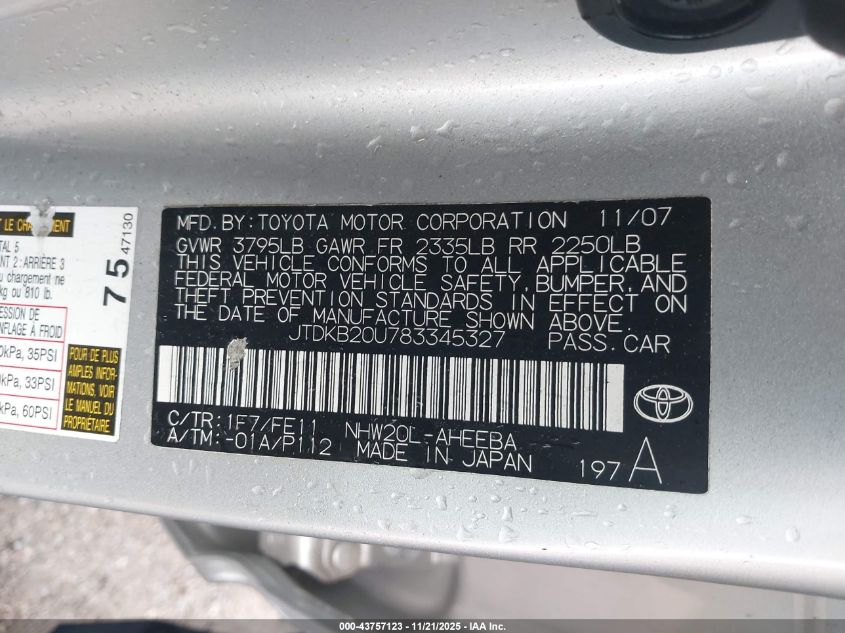 2008 Toyota Prius VIN: JTDKB20U783345327 Lot: 43757123