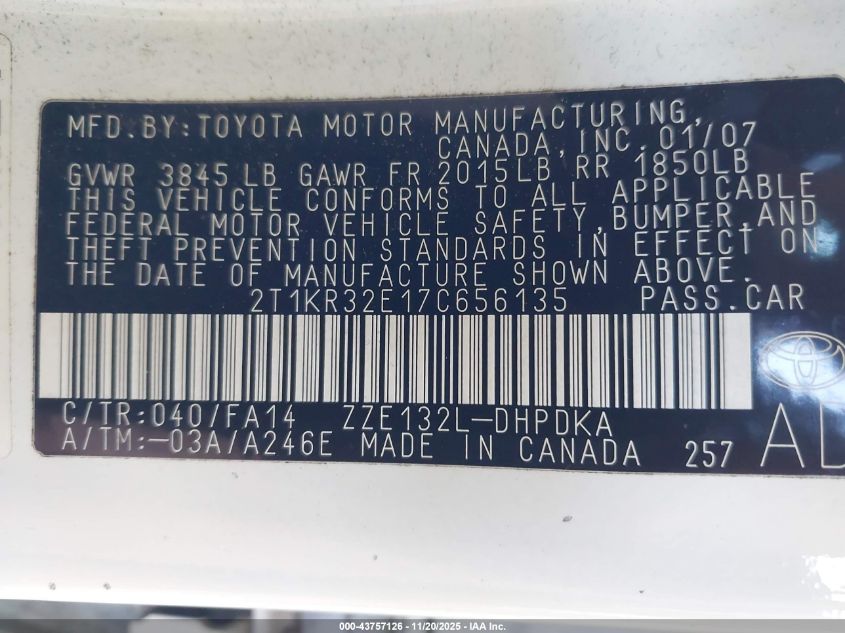 2007 Toyota Matrix VIN: 2T1KR32E17C656135 Lot: 43757126