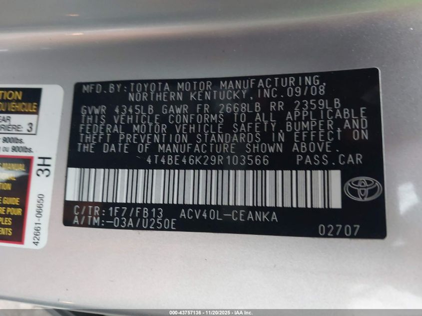 2009 Toyota Camry Le VIN: 4T4BE46K29R103566 Lot: 43757136