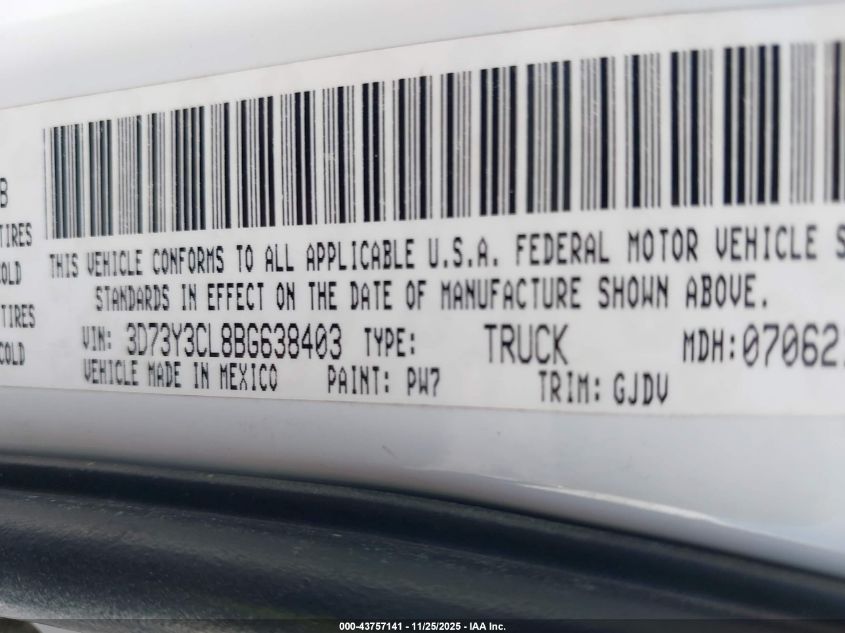 2011 Ram Ram 3500 Laramie VIN: 3D73Y3CL8BG638403 Lot: 43757141