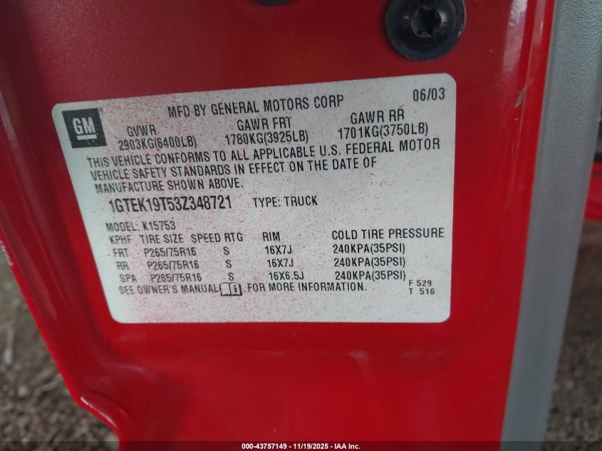 2003 GMC Sierra 1500 Slt VIN: 1GTEK19T53Z348721 Lot: 43757149