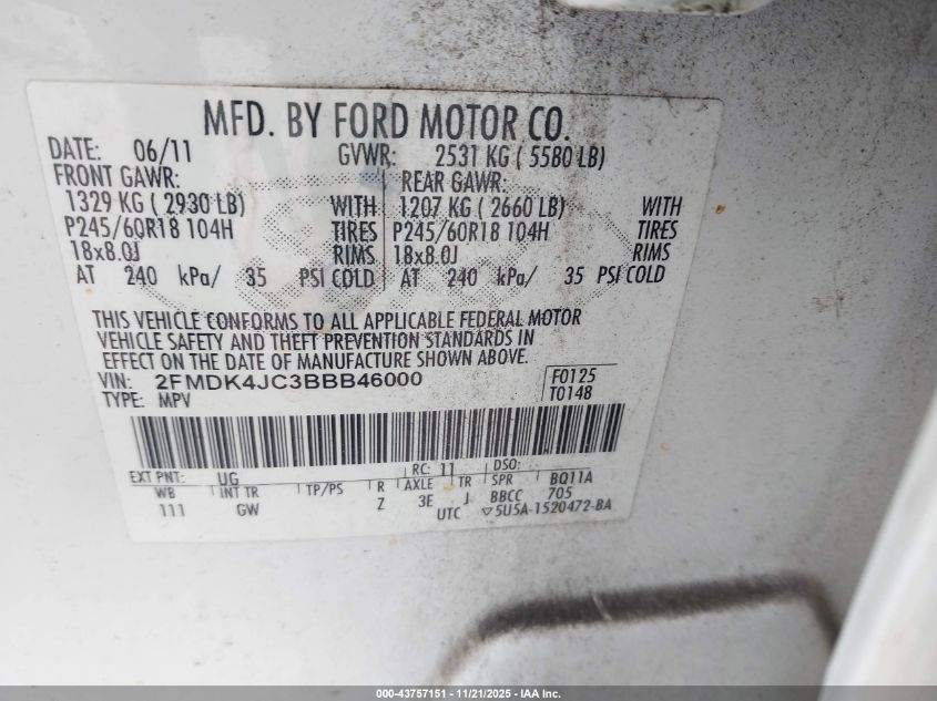 2011 Ford Edge Sel VIN: 2FMDK4JC3BBB46000 Lot: 43757151