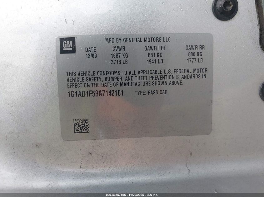 2010 Chevrolet Cobalt Lt VIN: 1G1AD1F58A7142101 Lot: 43757165