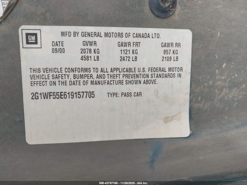2001 Chevrolet Impala VIN: 2G1WF55E619157705 Lot: 43757168