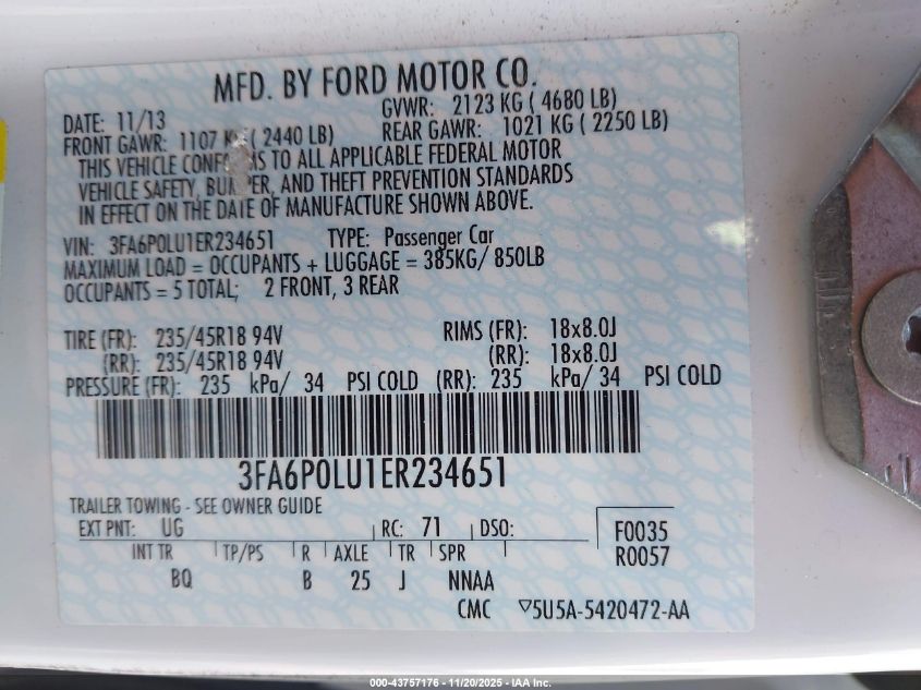 2014 Ford Fusion Hybrid Se VIN: 3FA6P0LU1ER234651 Lot: 43757176