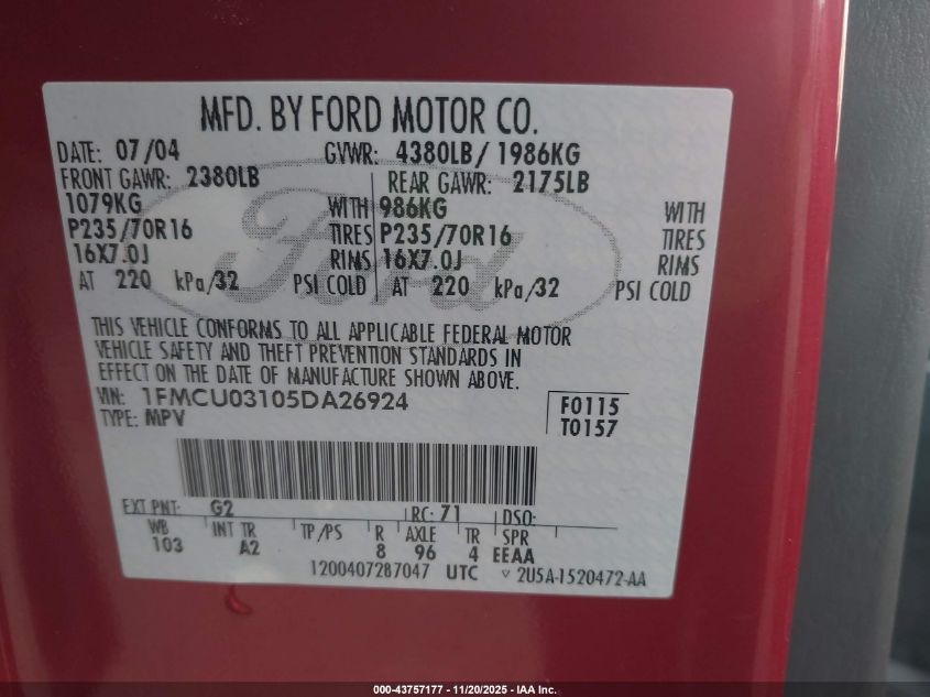 2005 Ford Escape Xlt VIN: 1FMCU03105DA26924 Lot: 43757177