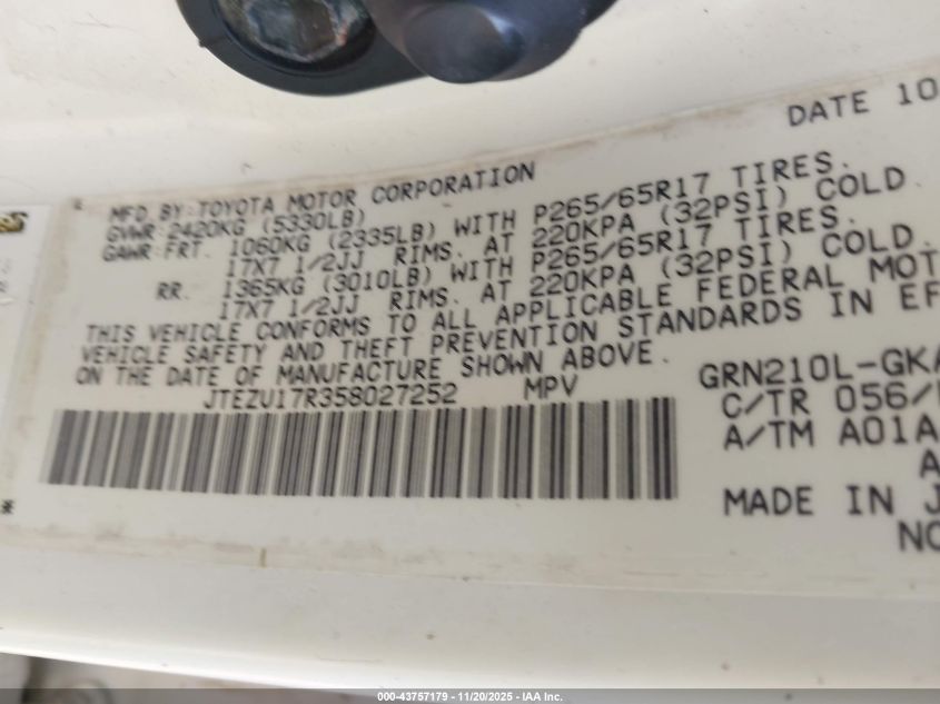 2005 Toyota 4Runner Limited V6 VIN: JTEZU17R358027252 Lot: 43757179