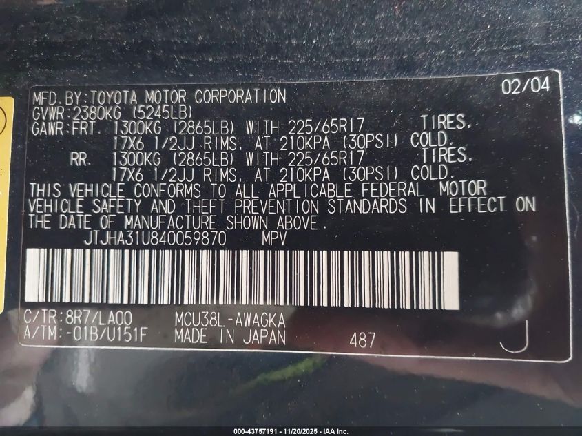 2004 Lexus Rx 330 VIN: JTJHA31U840059870 Lot: 43757191