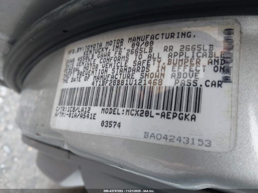 2001 Toyota Avalon Xls VIN: 4T1BF28B81U121468 Lot: 43757202