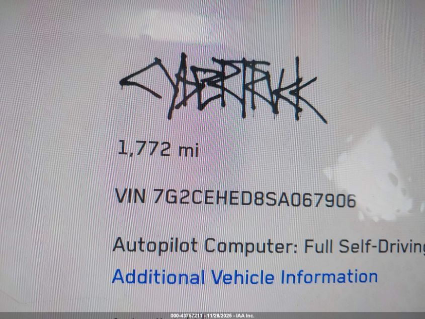 2025 Tesla Cybertruck VIN: 7G2CEHED8SA067906 Lot: 43757211