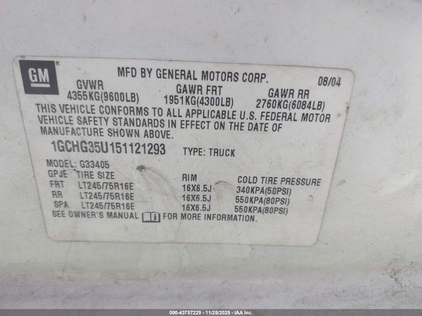 2005 Chevrolet Express VIN: 1GCHG35U151121293 Lot: 43757229