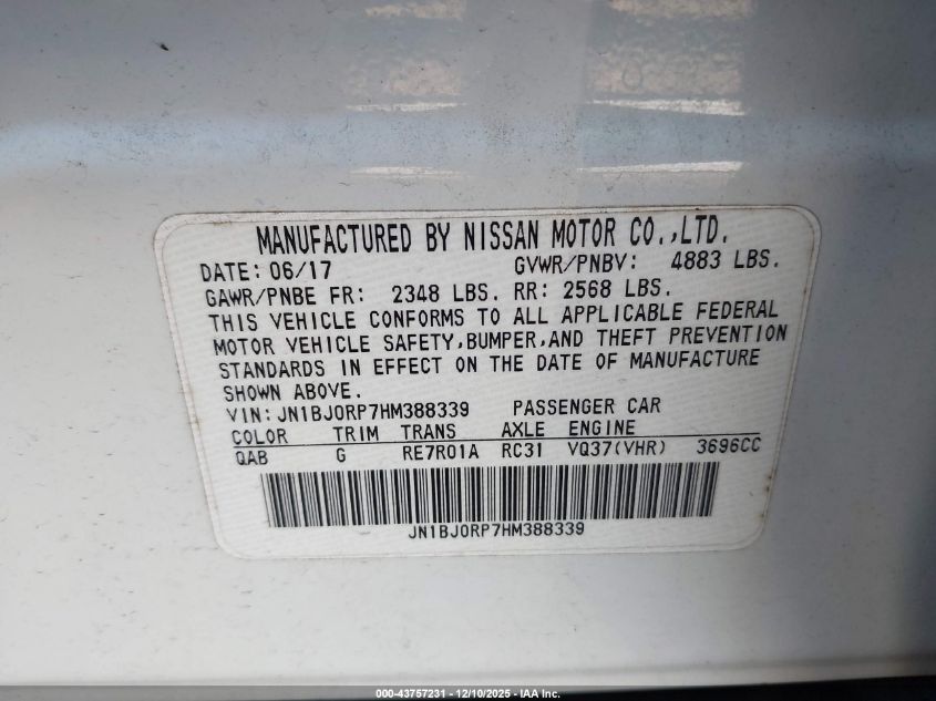 2017 Infiniti Qx50 VIN: JN1BJ0RP7HM388339 Lot: 43757231