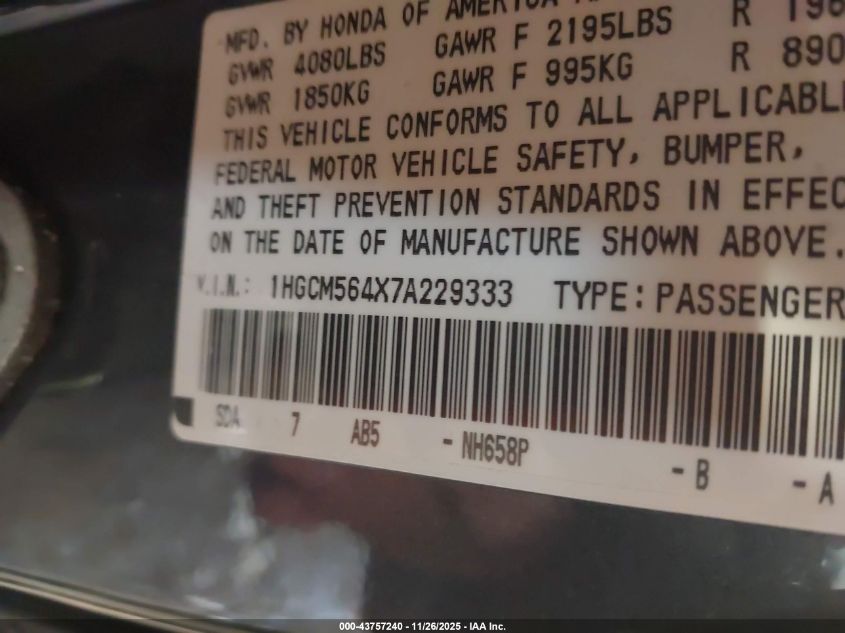 2007 Honda Accord 2.4 Lx VIN: 1HGCM564X7A229333 Lot: 43757240
