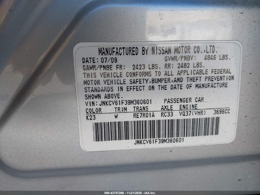 2009 Infiniti G37X VIN: JNKCV61F39M360601 Lot: 43757266