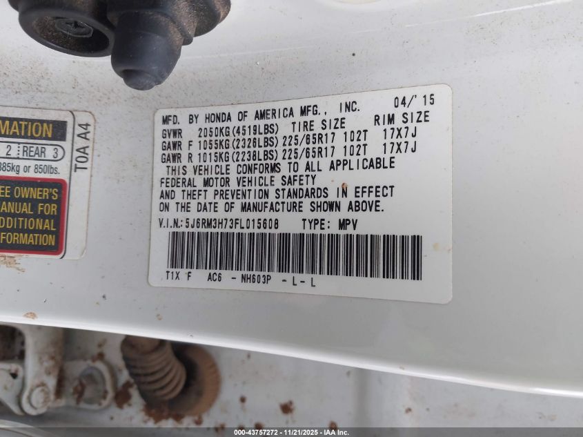 2015 Honda Cr-V Ex-L VIN: 5J6RM3H73FL015608 Lot: 43757272