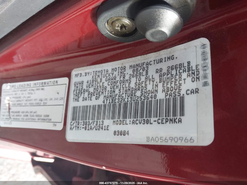 2003 Toyota Camry Le VIN: 4T1BE32K13U253640 Lot: 43757275