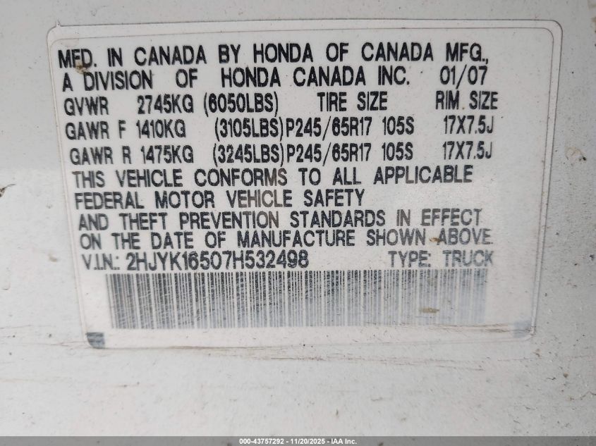 2007 Honda Ridgeline Rtl VIN: 2HJYK16507H532498 Lot: 43757292
