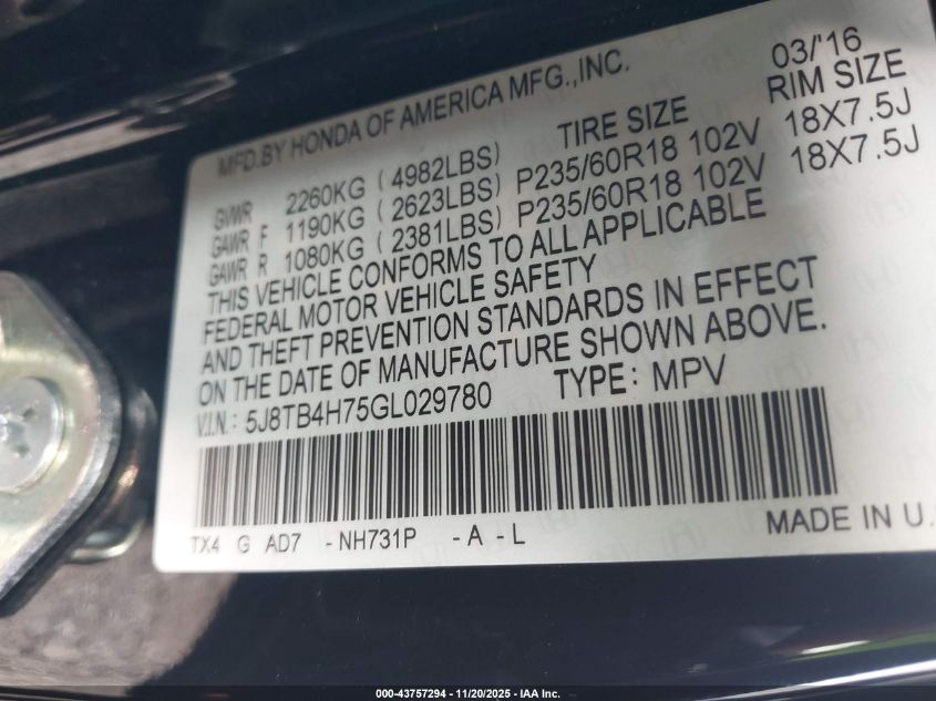 2016 Acura Rdx Advance Package VIN: 5J8TB4H75GL029780 Lot: 43757294