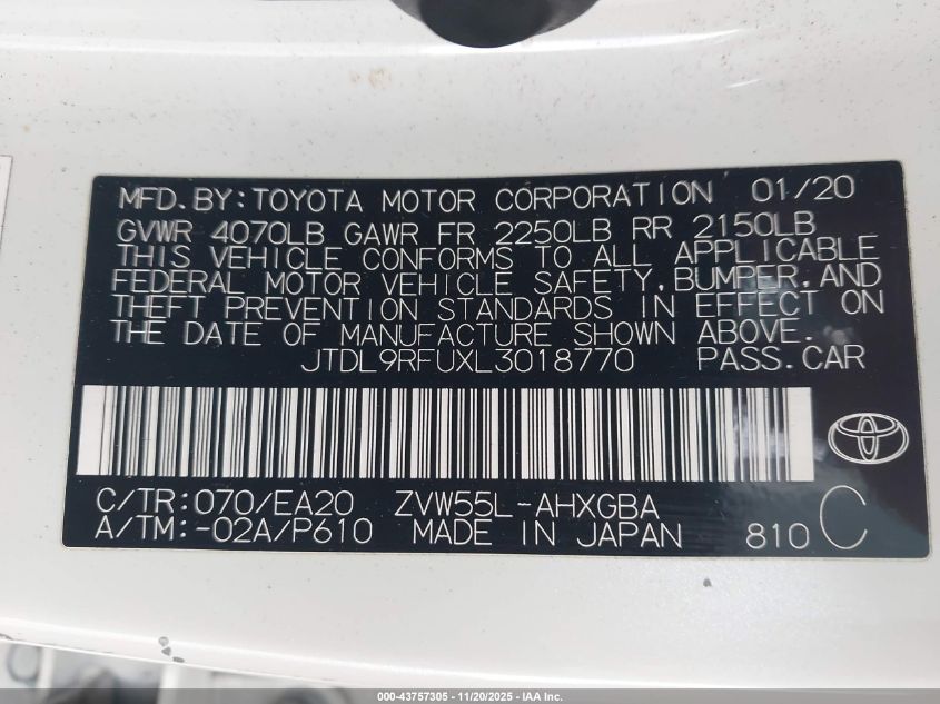 2020 Toyota Prius Xle Awd-E VIN: JTDL9RFUXL3018770 Lot: 43757305