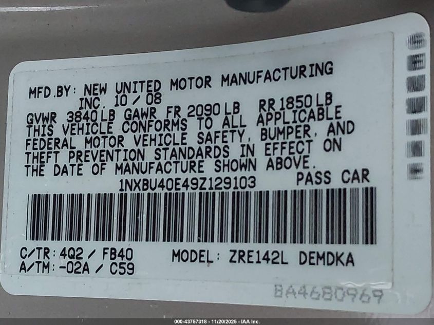 2009 Toyota Corolla VIN: 1NXBU40E49Z129103 Lot: 43757318