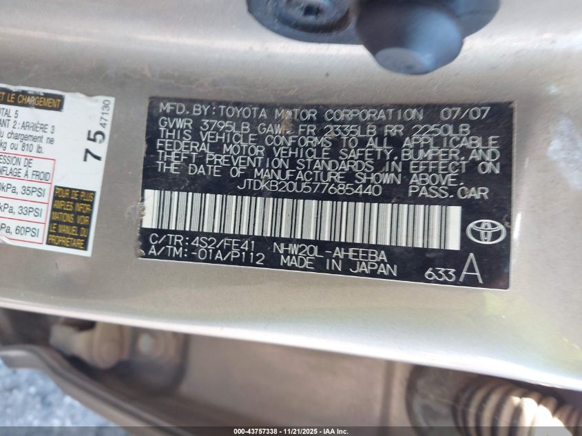 2007 Toyota Prius VIN: JTDKB20U577685440 Lot: 43757338