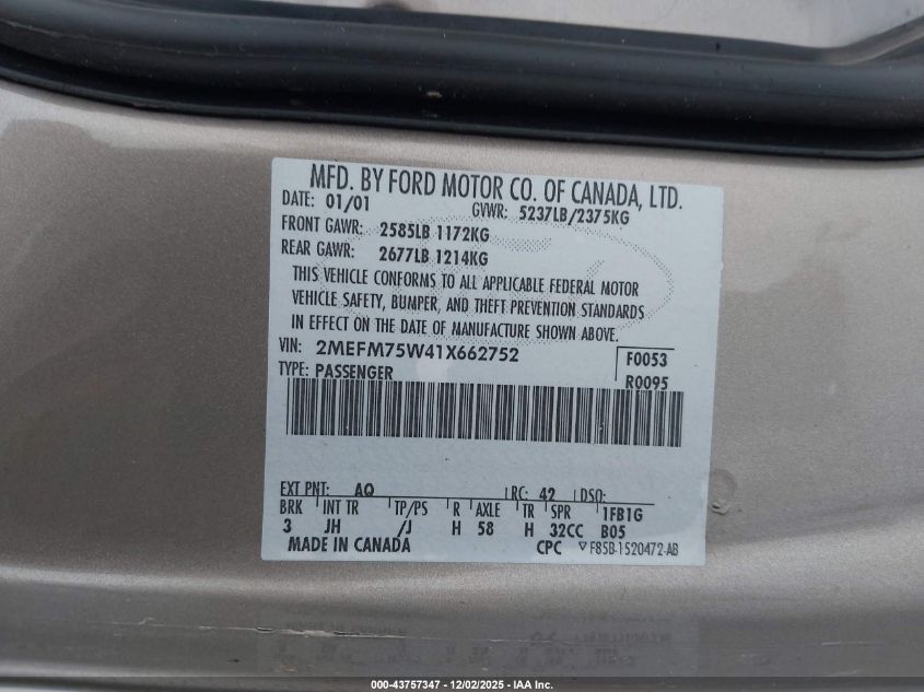 2001 Mercury Grand Marquis Ls VIN: 2MEFM75W41X662752 Lot: 43757347