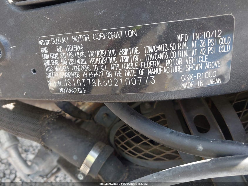 2013 Suzuki Gsx-R1000 VIN: JS1GT78A5D2100773 Lot: 43757349