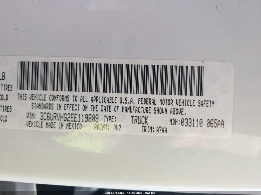 2014 Ram Promaster 3500 High Roof VIN: 3C6URVHG2EE119809 Lot: 43757366